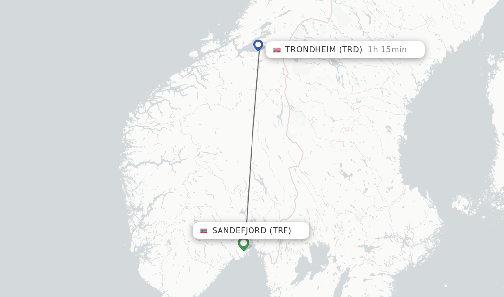 Flights from Sandefjord to Trondheim route map