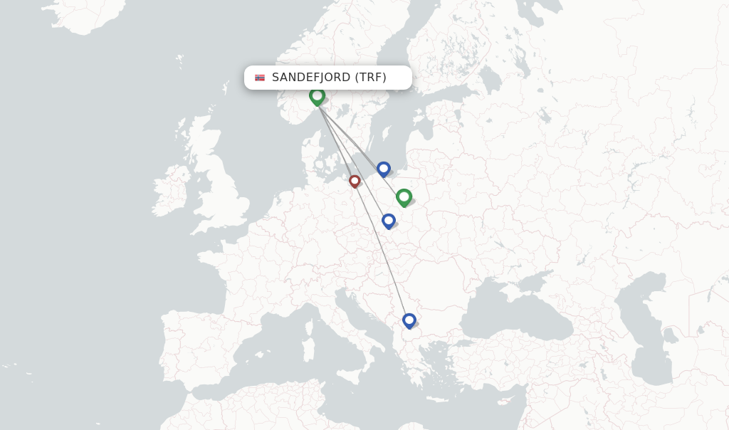 Route map with flights from Sandefjord with Wizz Air