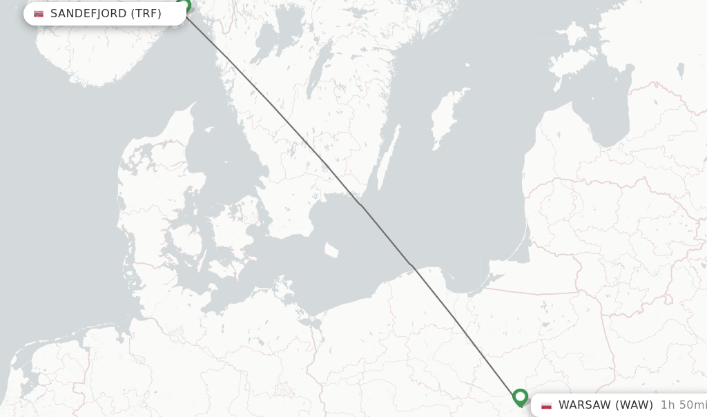 Flights from Sandefjord to Warsaw route map
