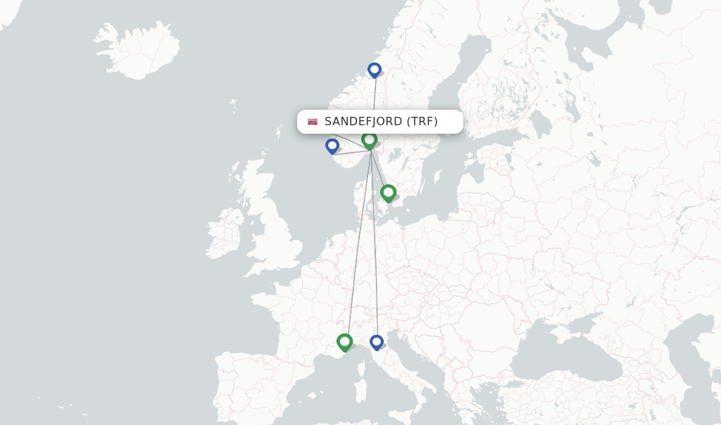 Route map with flights from Sandefjord with Wideroe