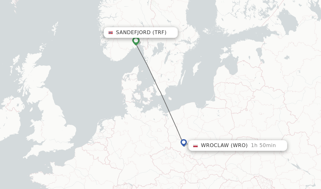 Flights from Sandefjord to Wroclaw route map