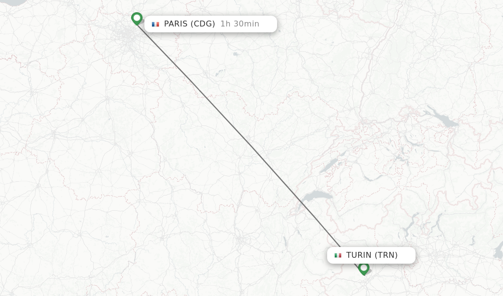 Flights from Turin to Paris route map