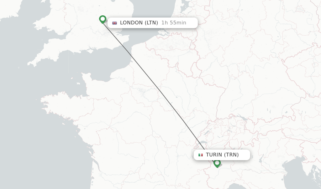 Flights from Turin to London route map