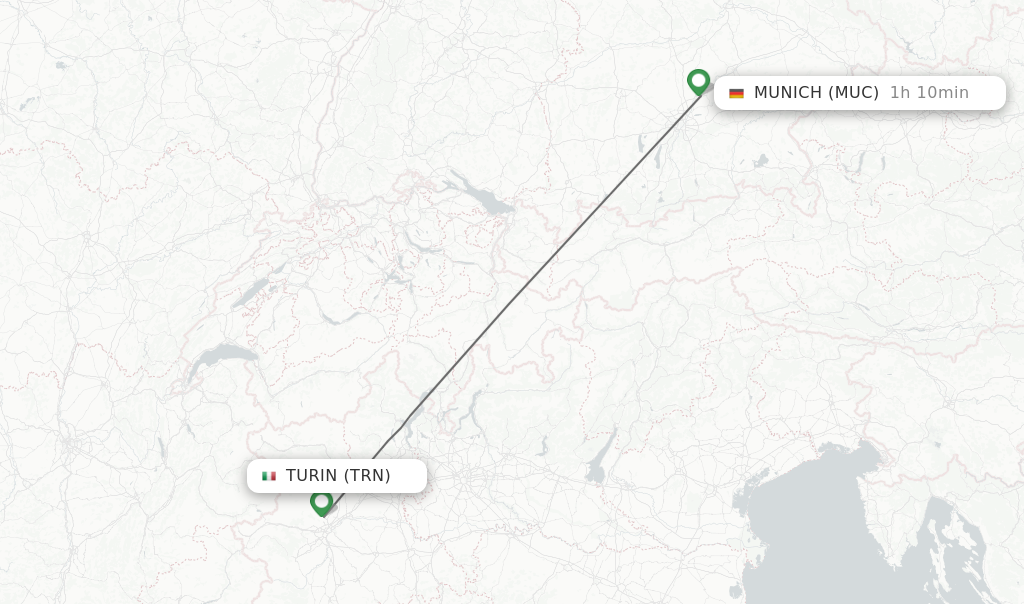 Flights from Turin to Munich route map