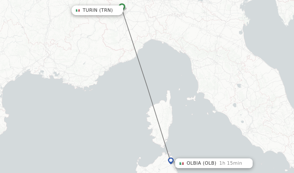 Flights from Turin to Olbia route map
