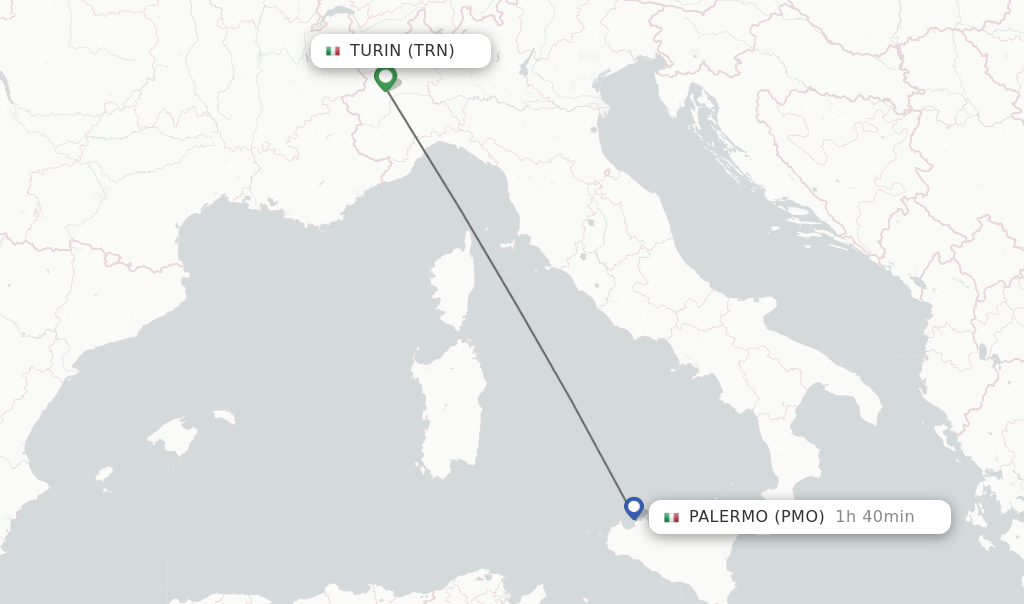 Flights from Turin to Palermo route map