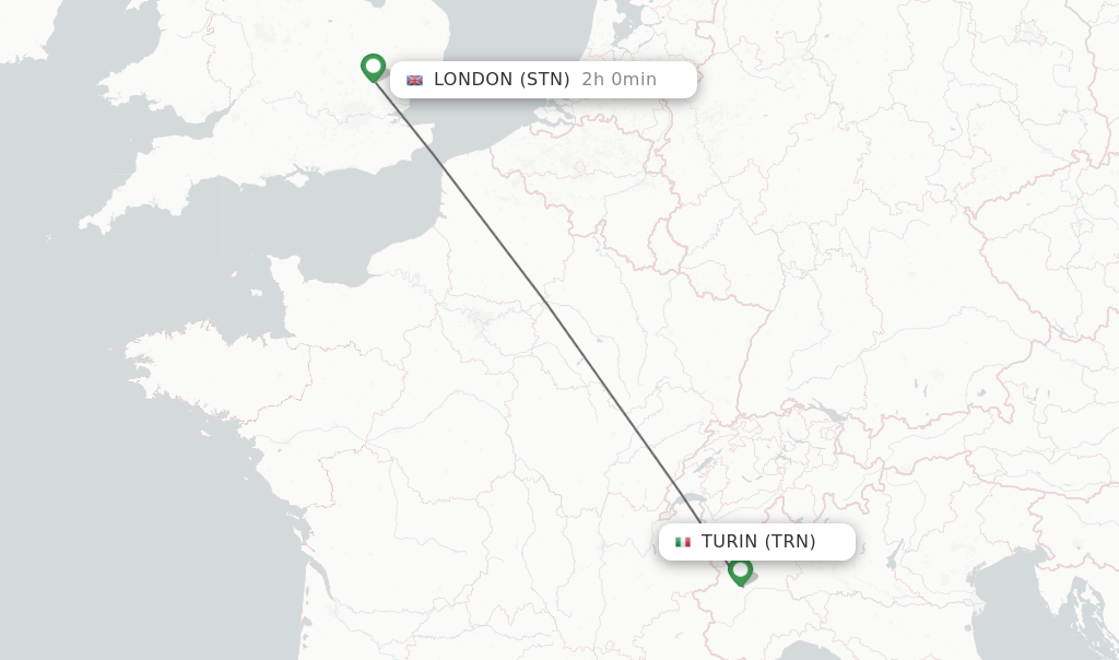 Flights from Turin to London route map