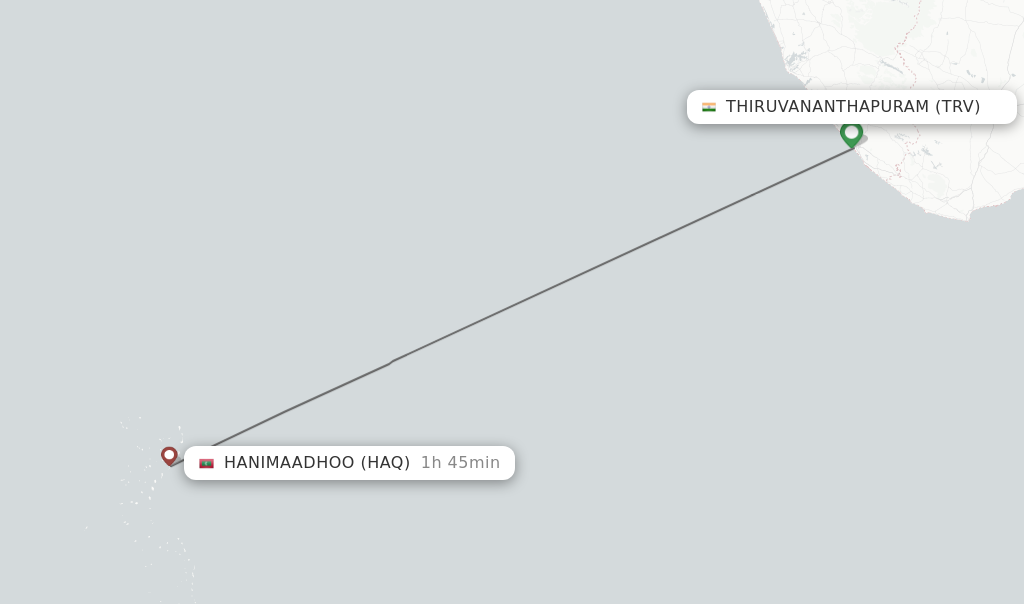 Flights from Thiruvananthapuram to Hanimaadhoo route map