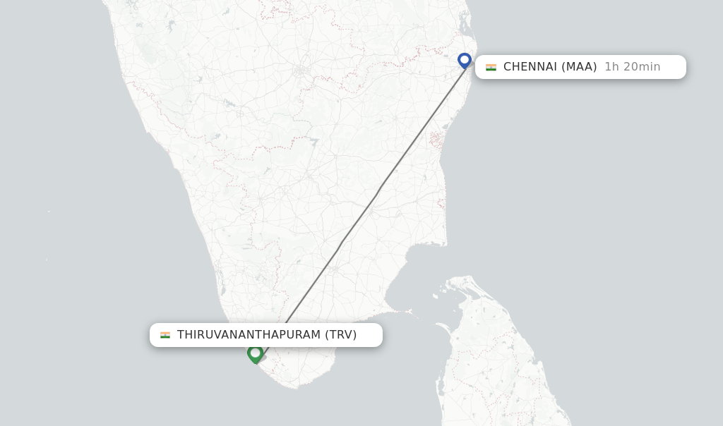Flights from Thiruvananthapuram to Chennai route map