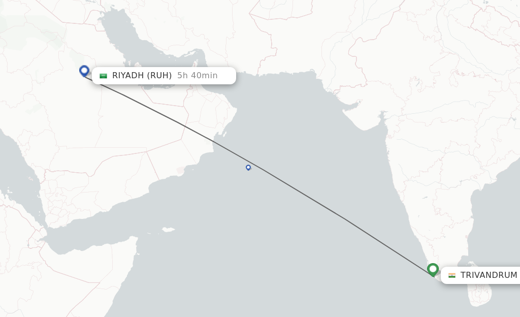 Flights from Thiruvananthapuram to Riyadh route map