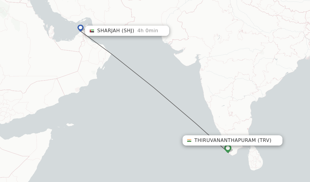 Flights from Thiruvananthapuram to Sharjah route map
