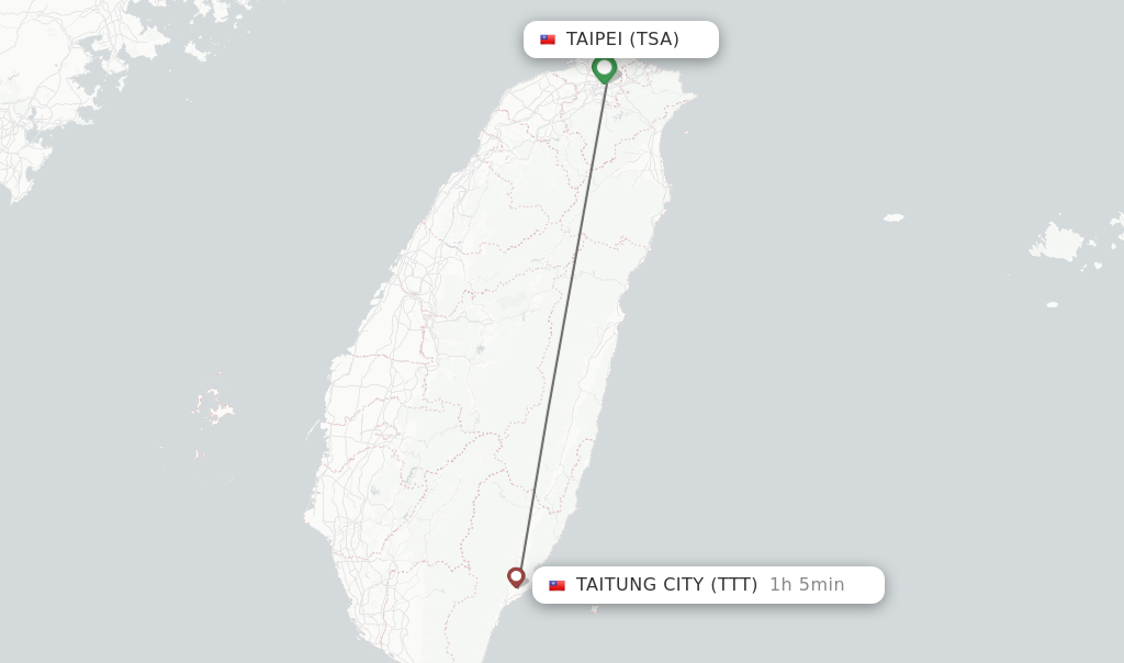 Flights from Taipei to Taitung City route map