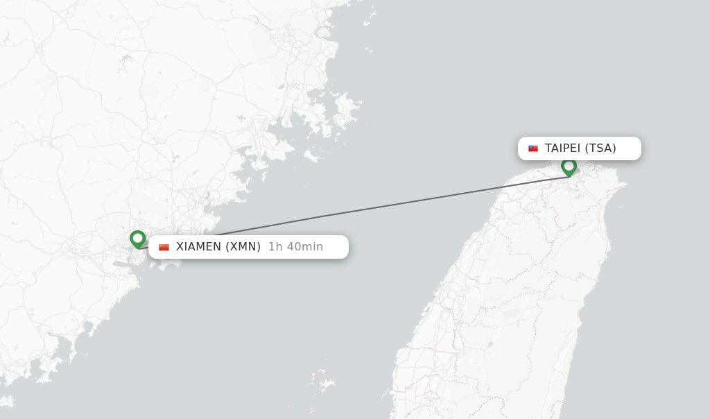 Flights from Taipei to Xiamen route map