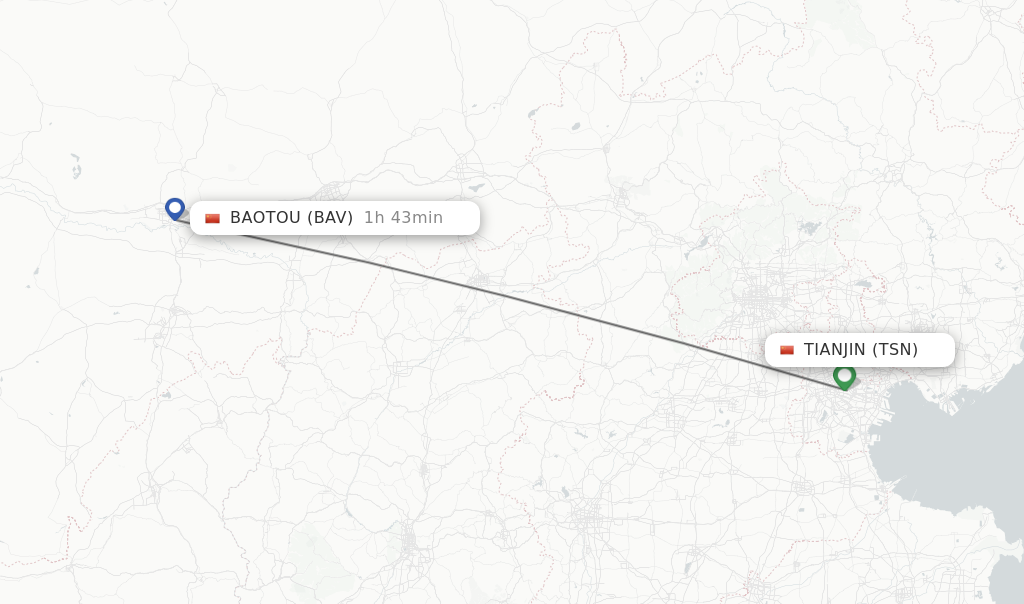 Flights from Tianjin to Baotou route map