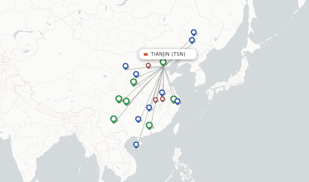Route map with flights from Tianjin with OkAir