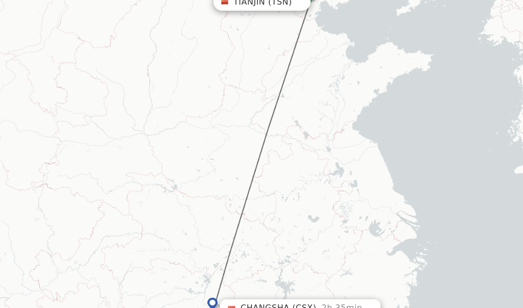 Flights from Tianjin to Changsha route map