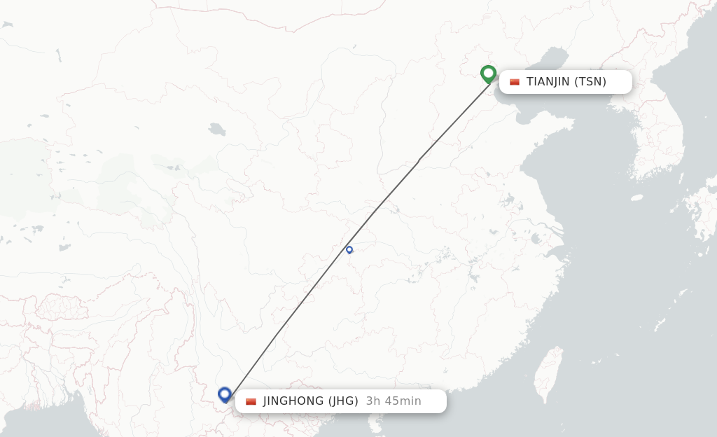 Flights from Tianjin to Jinghong route map