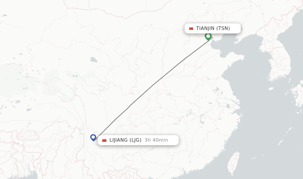 Flights from Tianjin to Lijiang route map