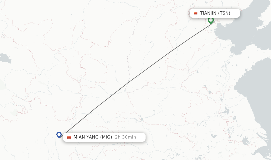 Flights from Tianjin to Mian Yang route map