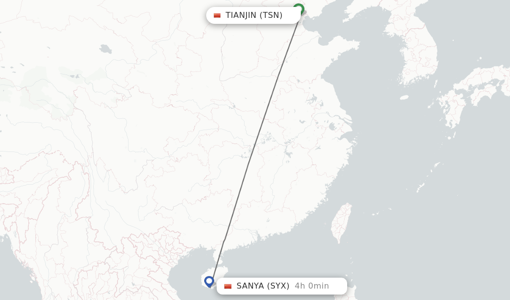 Flights from Tianjin to Sanya route map