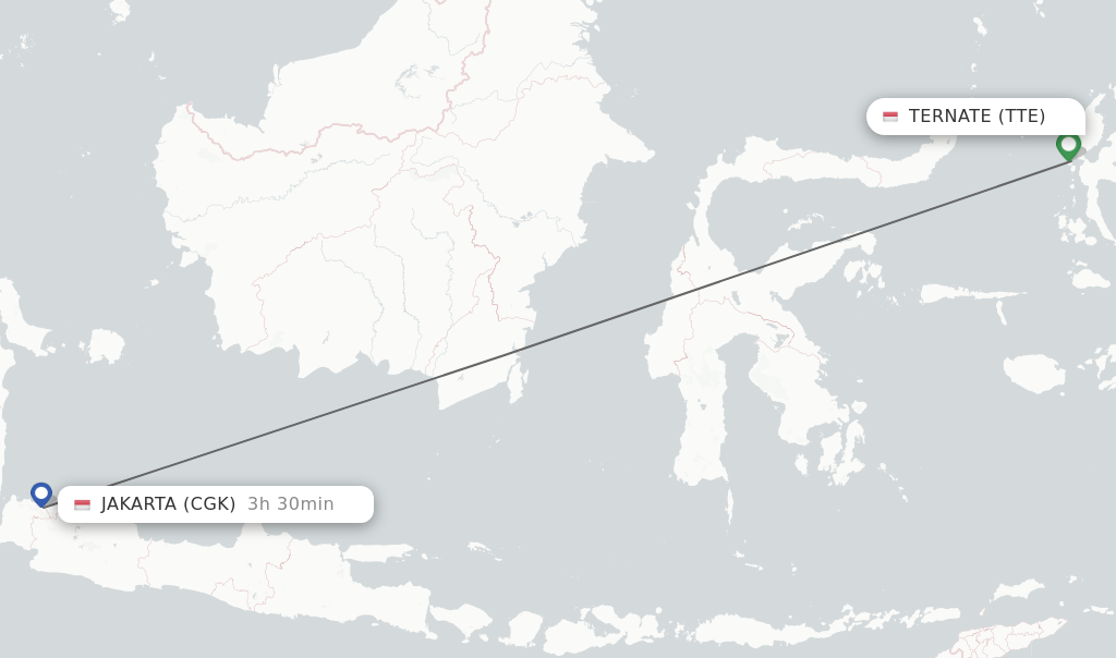 Flights from Ternate to Jakarta route map