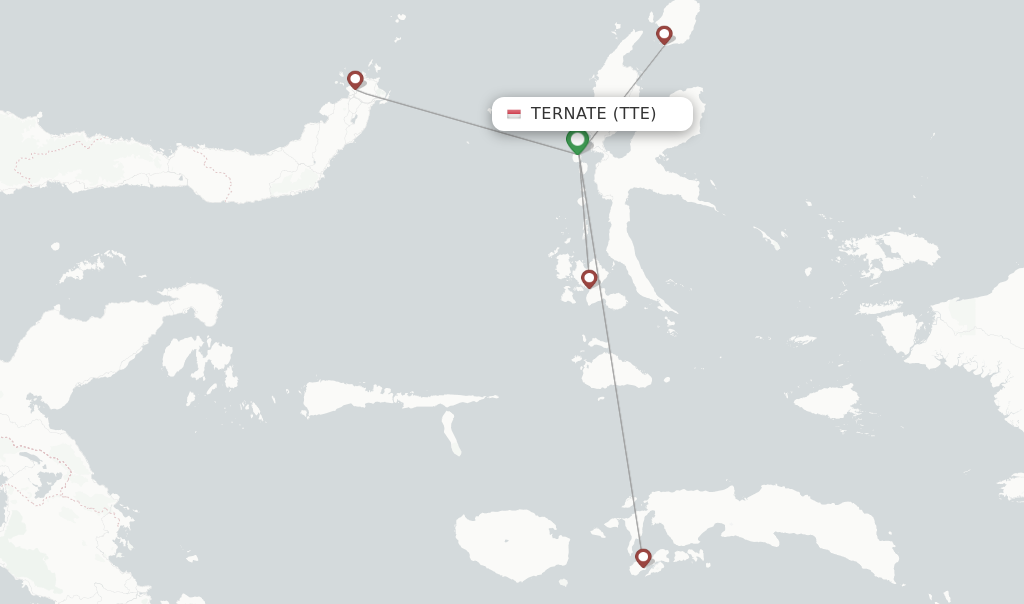 Route map with flights from Ternate with Wings Air