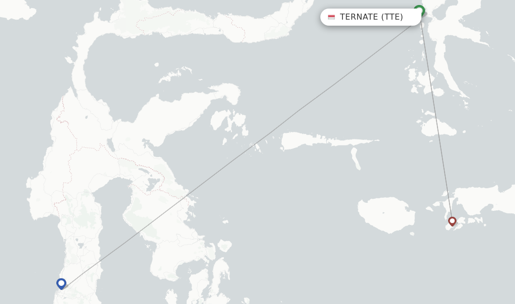 Route map with flights from Ternate with Sriwijaya Air