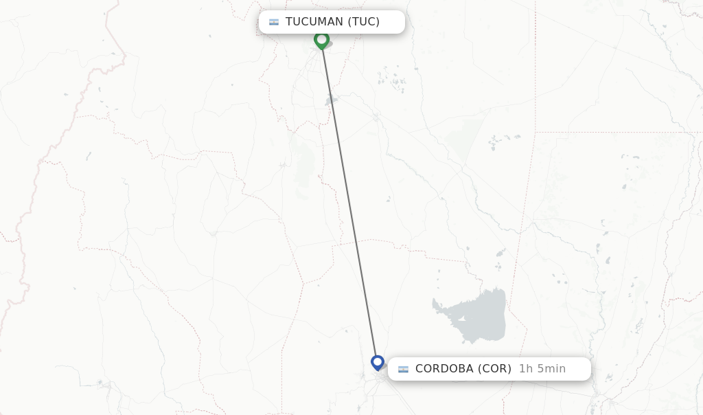 Flights from Tucuman to Cordoba route map