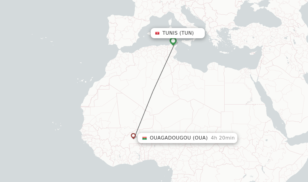 Flights from Tunis to Ouagadougou route map