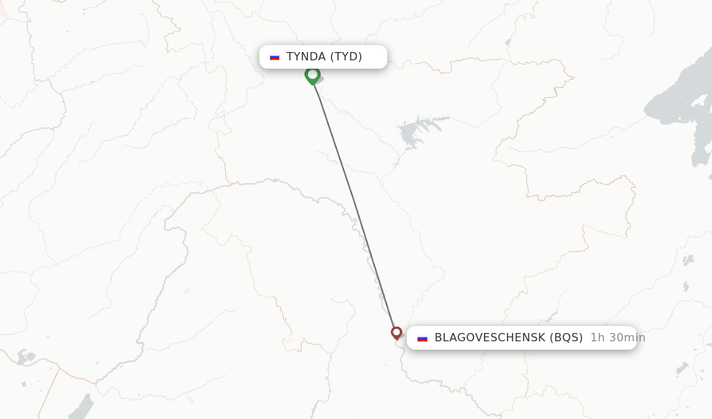 Flights from Tynda to Blagoveschensk route map