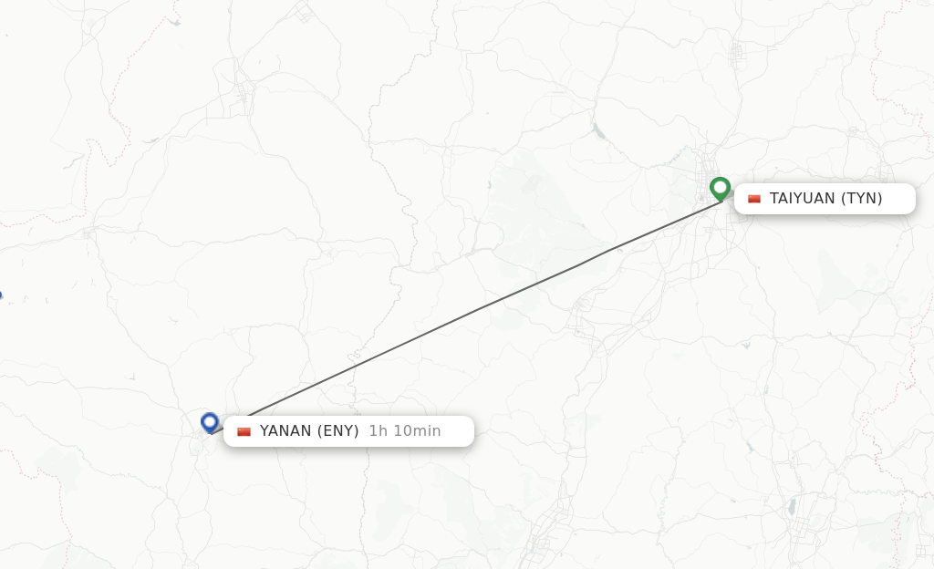 Flights from Taiyuan to Yan'an route map