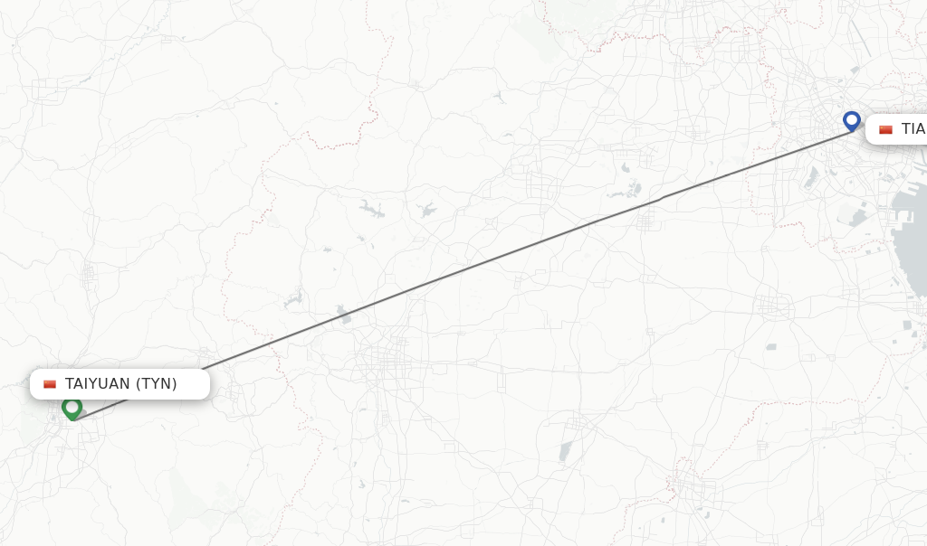 Flights from Taiyuan to Tianjin route map