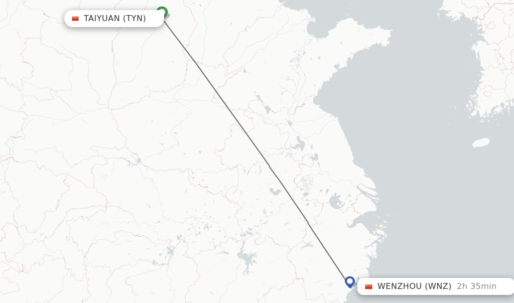 Flights from Taiyuan to Wenzhou route map