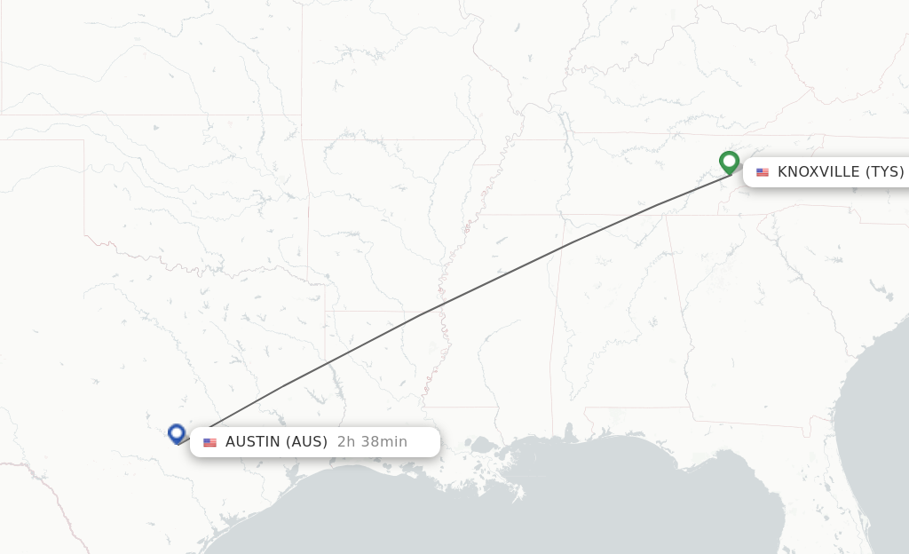 Flights from Knoxville to Austin route map