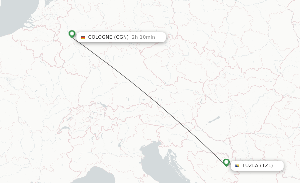 Flights from Tuzla to Cologne route map