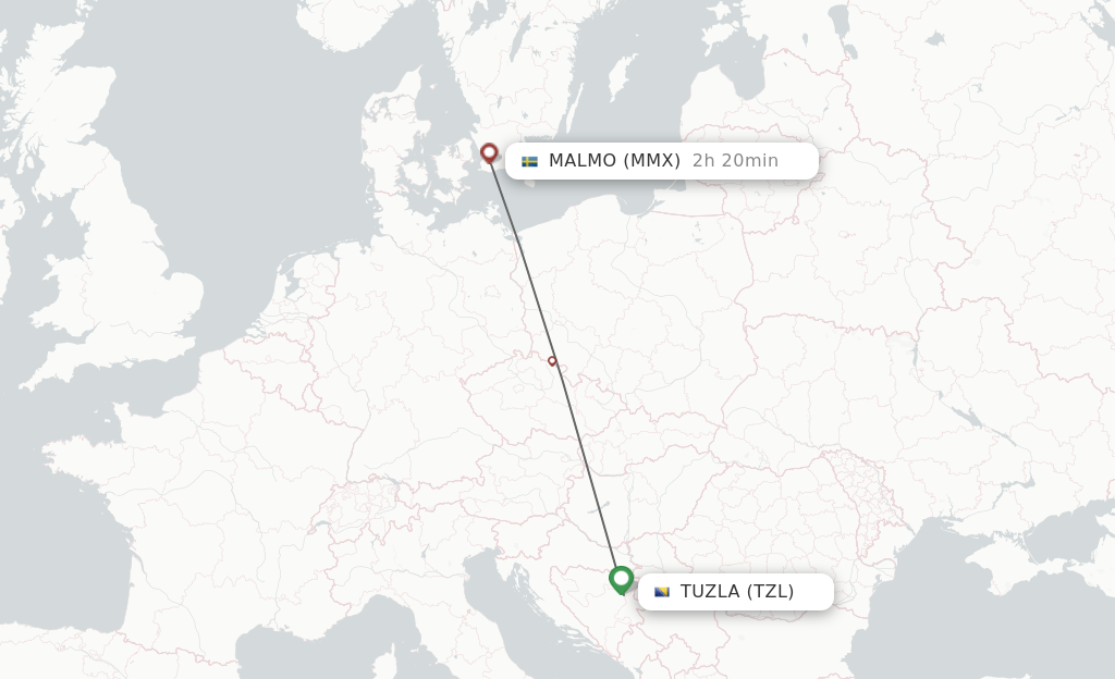 Flights from Tuzla to Malmo route map