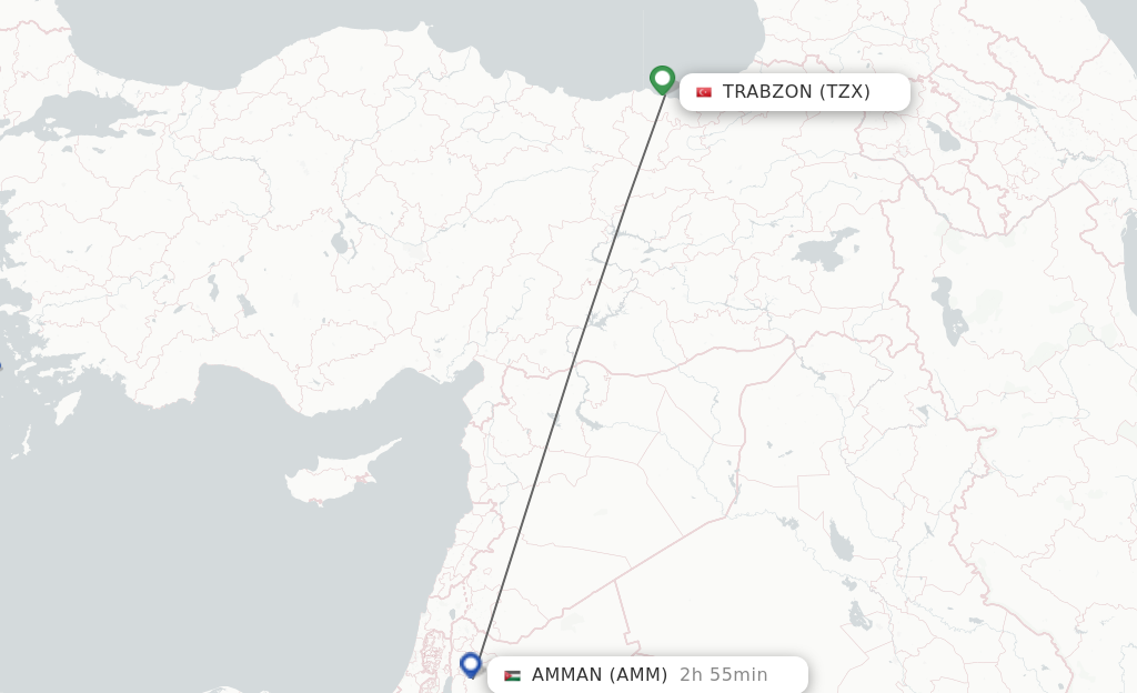 Flights from Trabzon to Amman route map