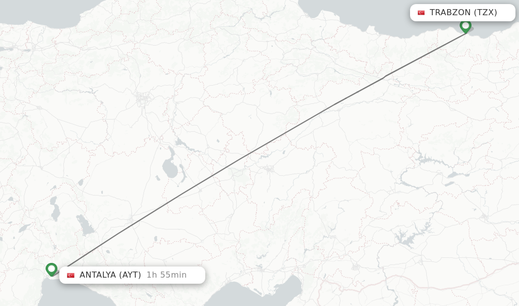 Flights from Trabzon to Antalya route map