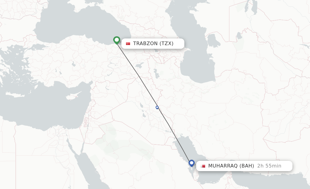 Flights from Trabzon to Bahrain route map