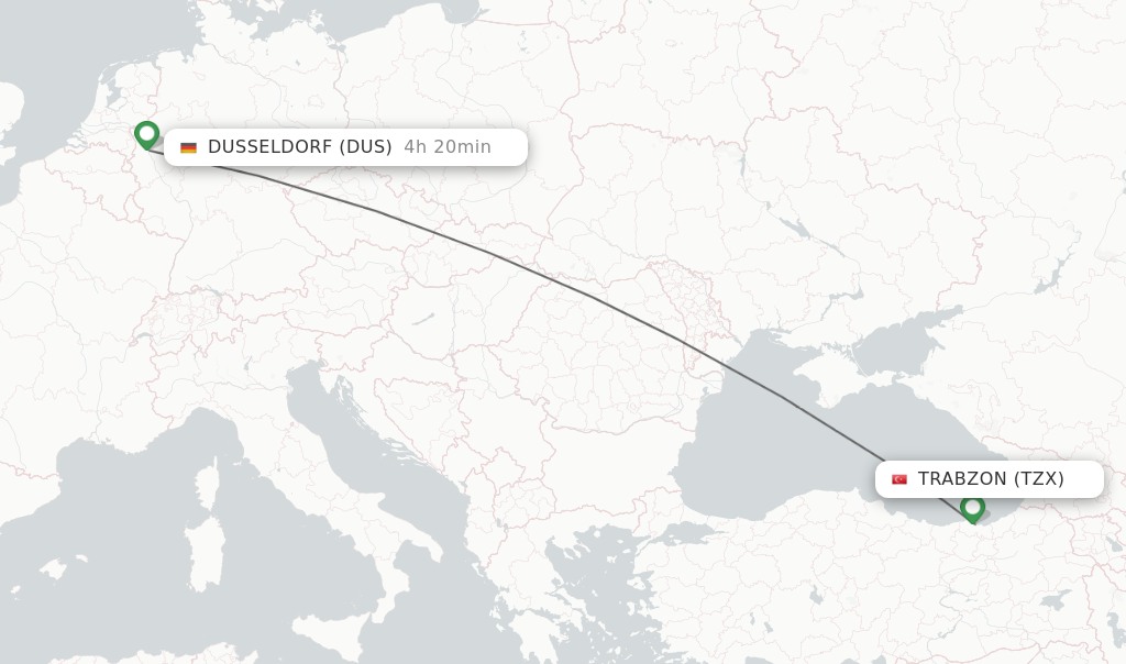 Flights from Trabzon to Dusseldorf route map
