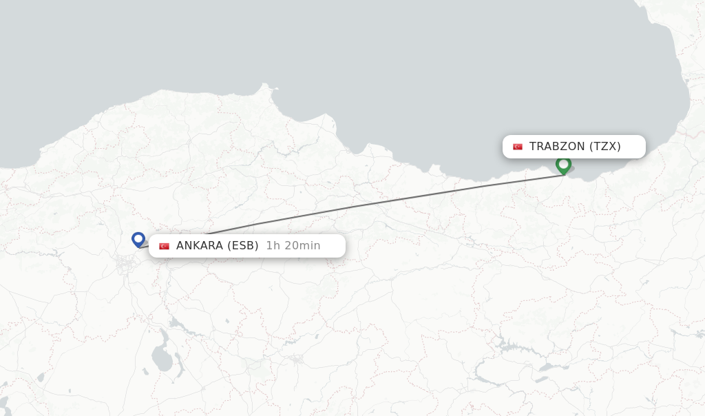 Flights from Trabzon to Ankara route map