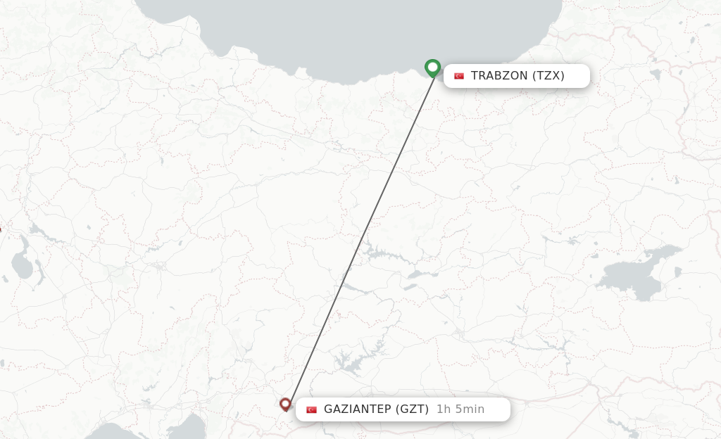 Flights from Trabzon to Gaziantep route map