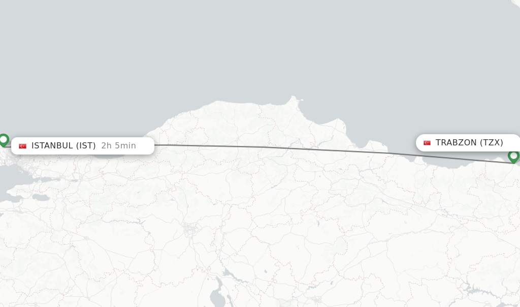 Flights from Trabzon to Istanbul route map