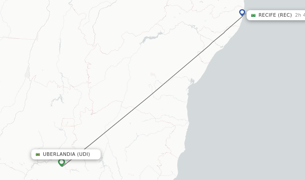 Flights from Uberlandia to Recife route map