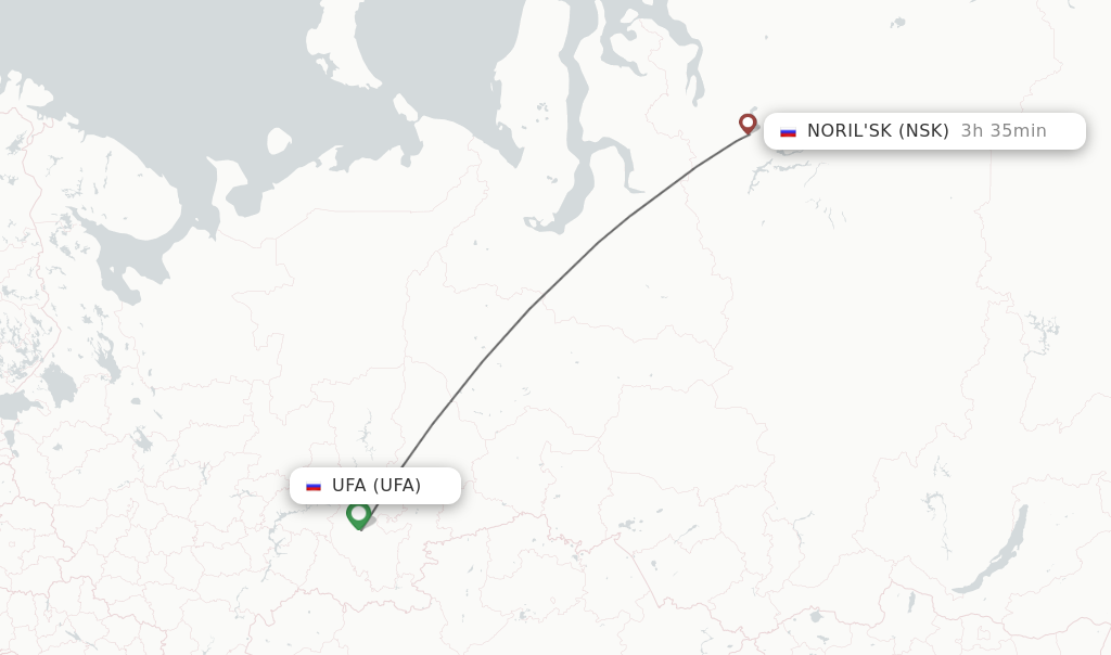 Flights from Ufa to Noril'sk route map