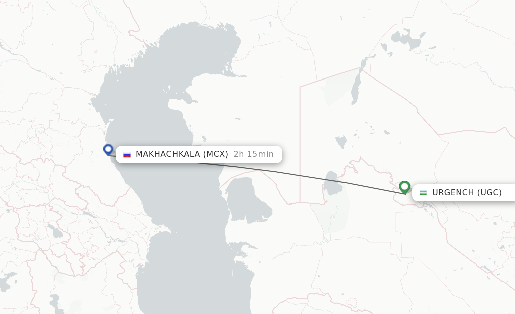 Flights from Urgench to Makhachkala route map