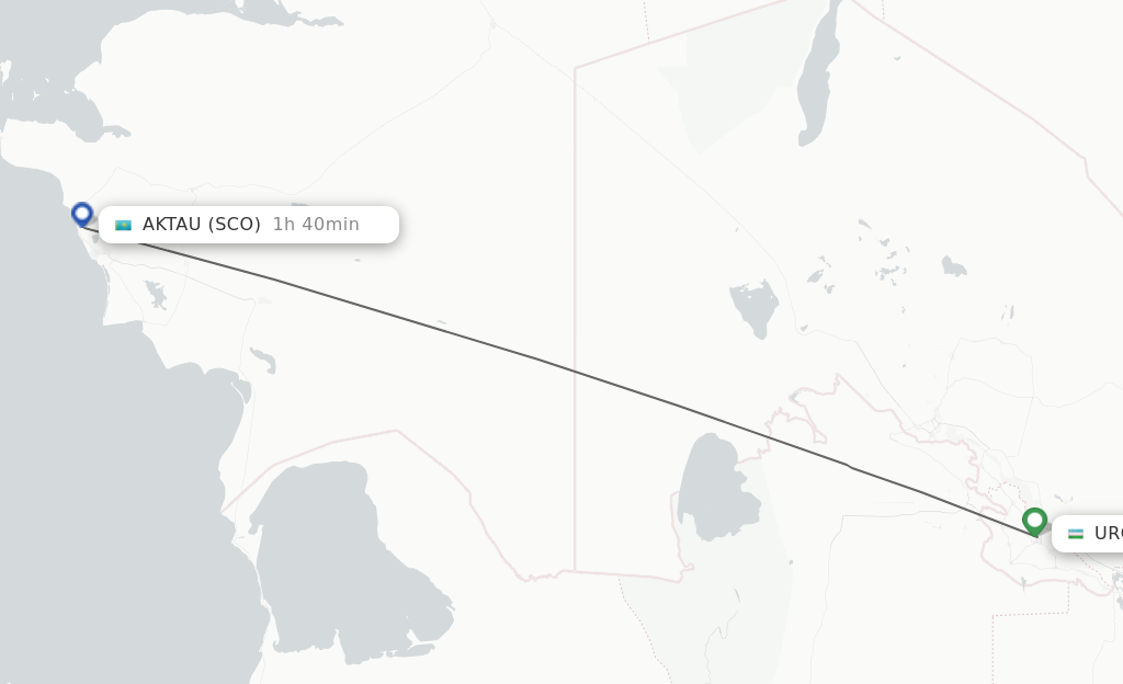 Flights from Urgench to Aktau route map