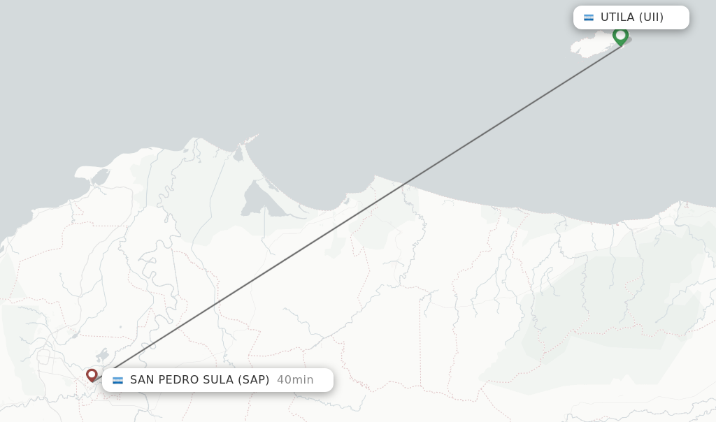 Flights from Utila to San Pedro Sula route map