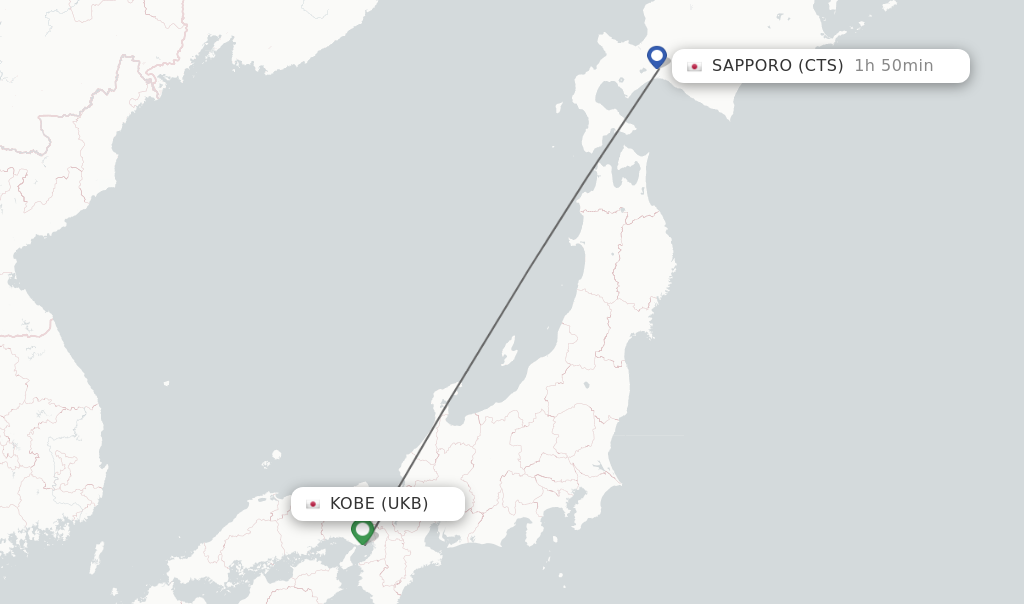Flights from Kobe to Sapporo route map