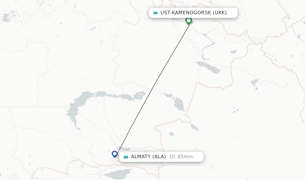Flights from Ust-Kamenogorsk to Almaty route map